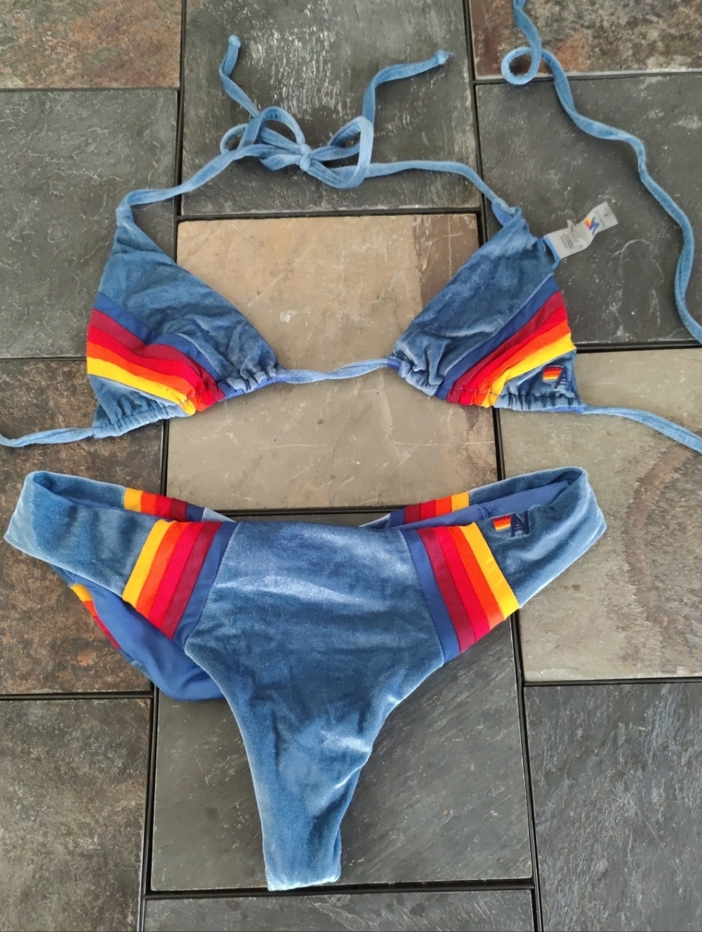Aviator Nation Bikini Set Size Small Triangle Velvet Red 5 Stripe ][